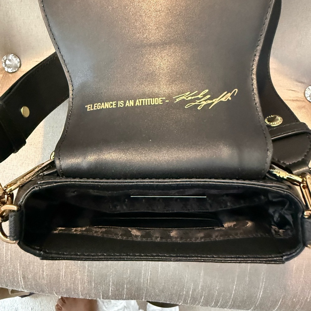 Karl Lagerfeld Black Leather Saddle Crossbody with Gold Hardware - Picture 3 of 5
